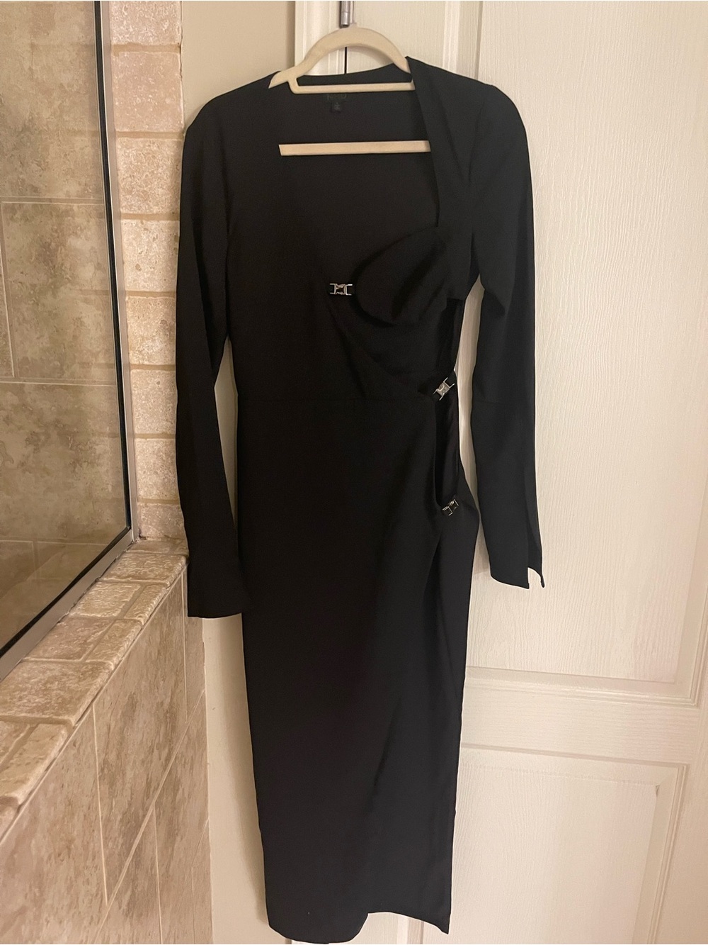 NBD Black Long-Sleeve Midi Dress with Buckle Accents